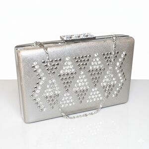 3/$20 Shimmer Taupe Hard Shell Clutch Rhinestone Evening Bag Formal Boxy Handbag